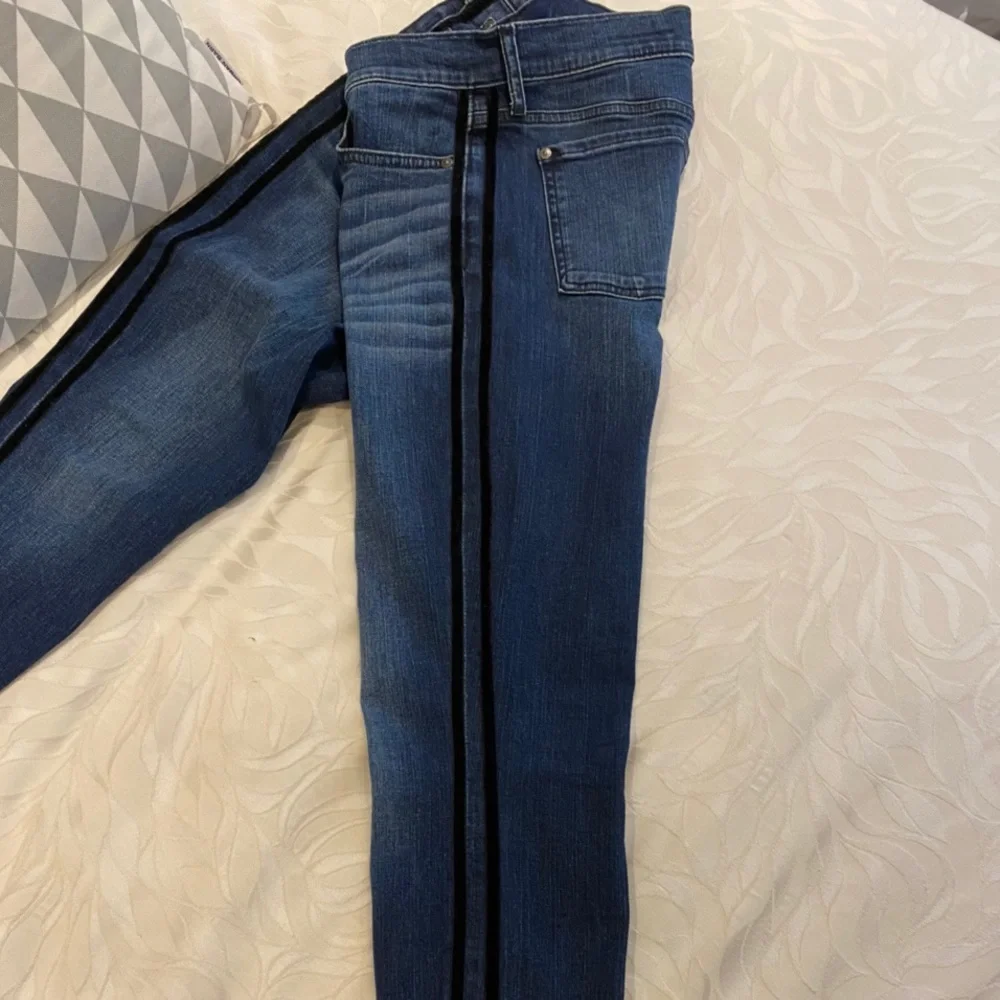 Seven For All Mankind dark skinny jeans with black velvet stripe down sides. - Picture 3 of 4